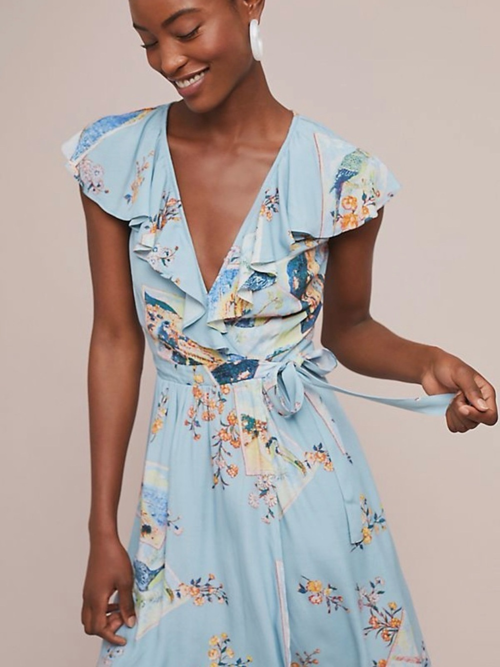 Maeve Anthropologie Sky Blue Floral Ruffle Wrap Midi Dress Size 6